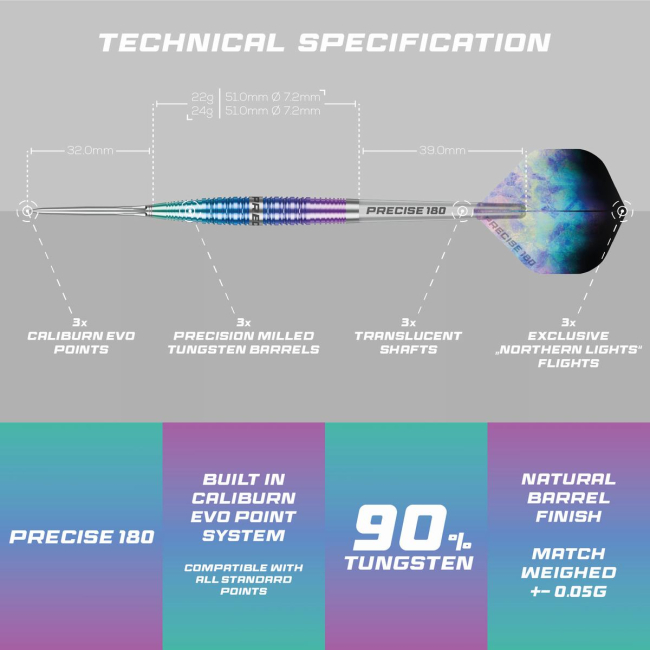 Precise180  Northern Lights Steeldart 22 oder 24 Gr.